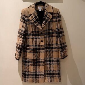 LOFT Black and Camel Plaid Long Wool-Blend Coat
